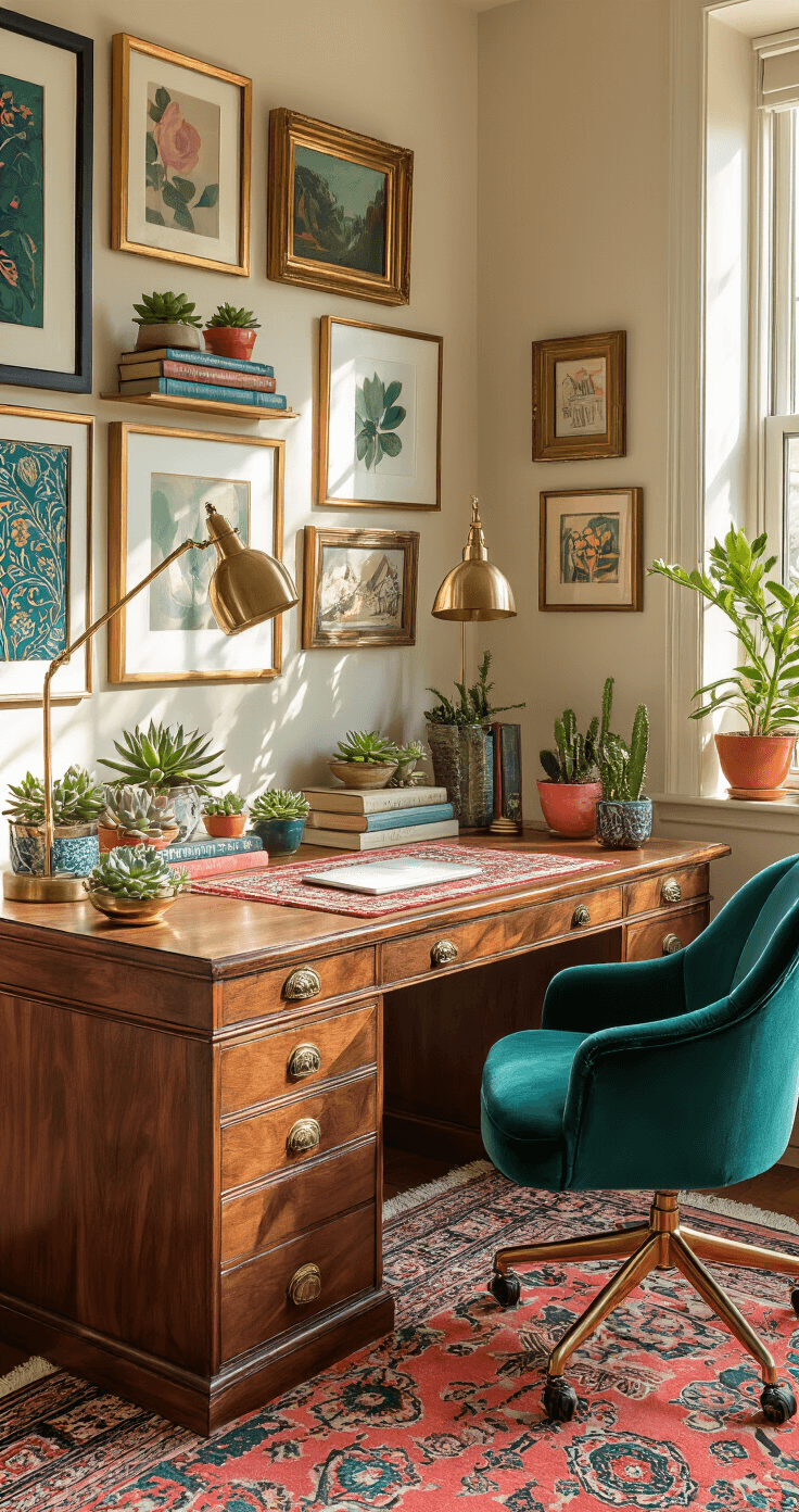A medium shot of a maximalist workspace featuring a rich walnut L-shaped desk adorned with a Persian rug as a mouse pad, brass organizers, vintage books, and multiple succulents in ceramic pots. The space is infused with warm afternoon sunlight, showcasing bold teal and coral accents, a gallery wall with mixed frame styles, and a velvet emerald chair, all captured from a slight above angle to highlight the organized chaos.