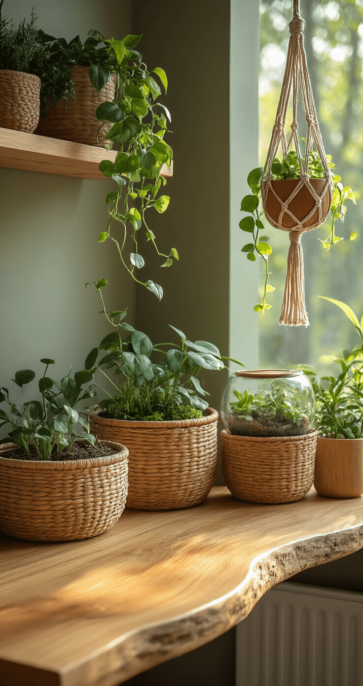 Close-up of a natural wood desk corner in warm golden hour light, featuring a live-edge wood surface, woven basket organizers, a terrarium garden, and a macrame plant holder with trailing pothos. The earthy color palette includes sage green, warm brown, and cream, complemented by bamboo accessories.