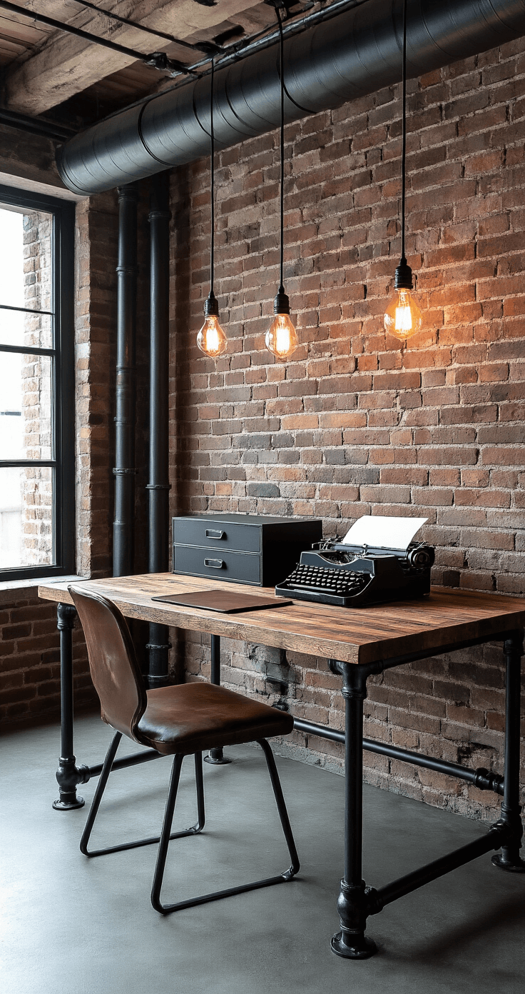Industrial loft workspace featuring a black metal pipe desk with a reclaimed wood top, set against an exposed brick wall. Dramatic side lighting highlights matte black organizers, a vintage typewriter, and a leather desk pad, complemented by a distressed metal chair. Edison bulb pendant lights illuminate the scene, all arranged in a cool grey and charcoal palette. The low camera angle accentuates the raw urban sophistication and architectural details.