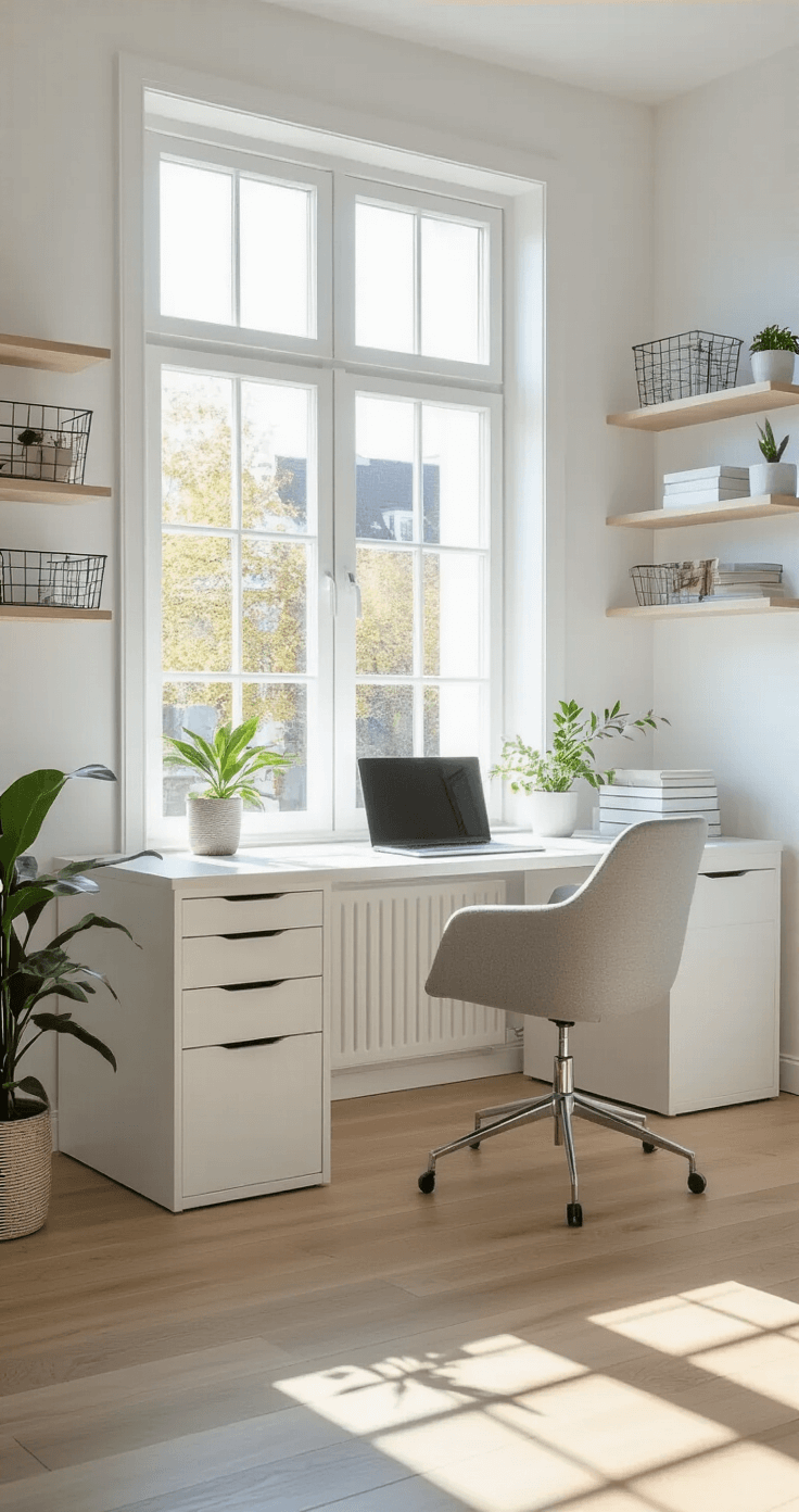 Wide-angle view of a bright Scandinavian home office featuring white walls and hardwood floors, with afternoon sunlight illuminating a clean white MICKE desk, minimalist setup including a laptop, small plant, wire basket organizers, and floating shelves, complemented by a light gray ergonomic chair.