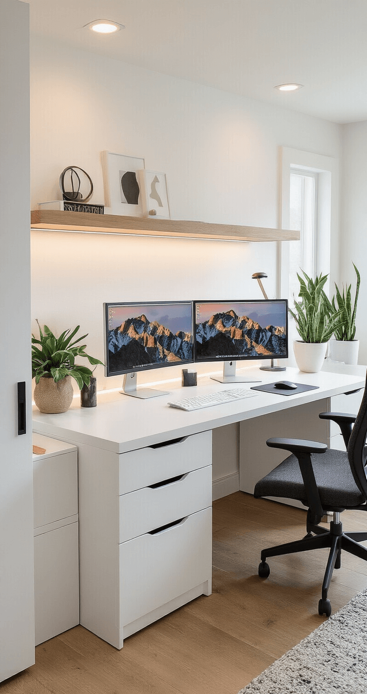 Expansive modern home office with a large white ALEX desk, dual monitors, and organized accessories, illuminated by morning light, featuring warm wood accents and potted plants.