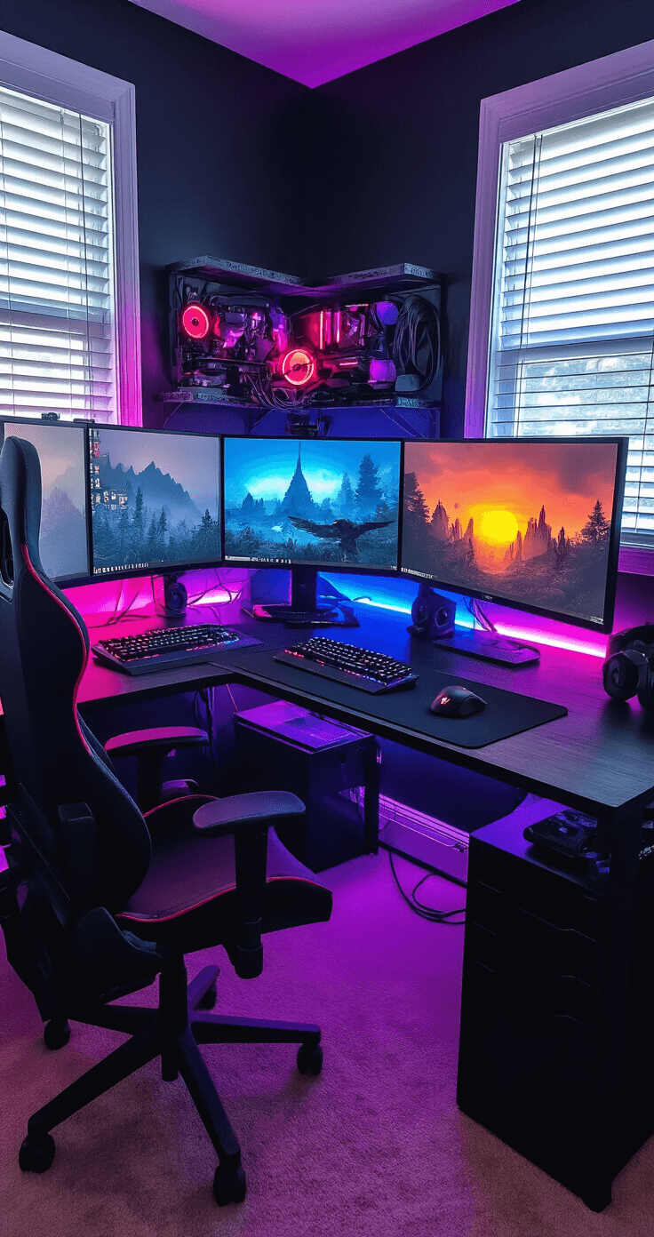 Dynamic gaming setup in a transformed bedroom corner with a black UTESPELARE desk, integrated monitor stand, RGB lighting, multiple screens, and neat cable management, all set against dark walls for a dramatic evening ambiance.