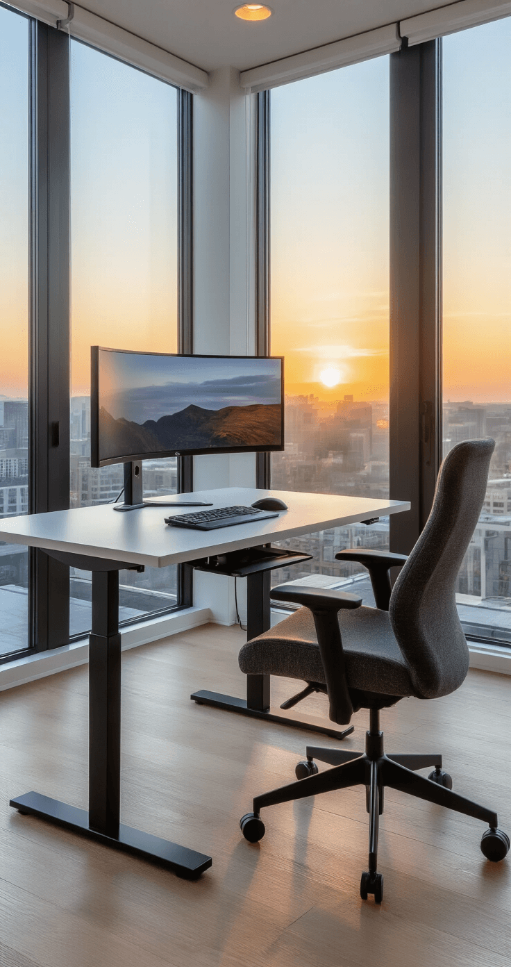 Transform Your Workspace: The Most Popular Desk Ideas Taking 2025 by Storm Ultra-wide modern home office with white oak floors and panoramic windows, featuring a height-adjustable desk, 34-inch curved monitor, and ergonomic chair, bathed in warm golden hour light.