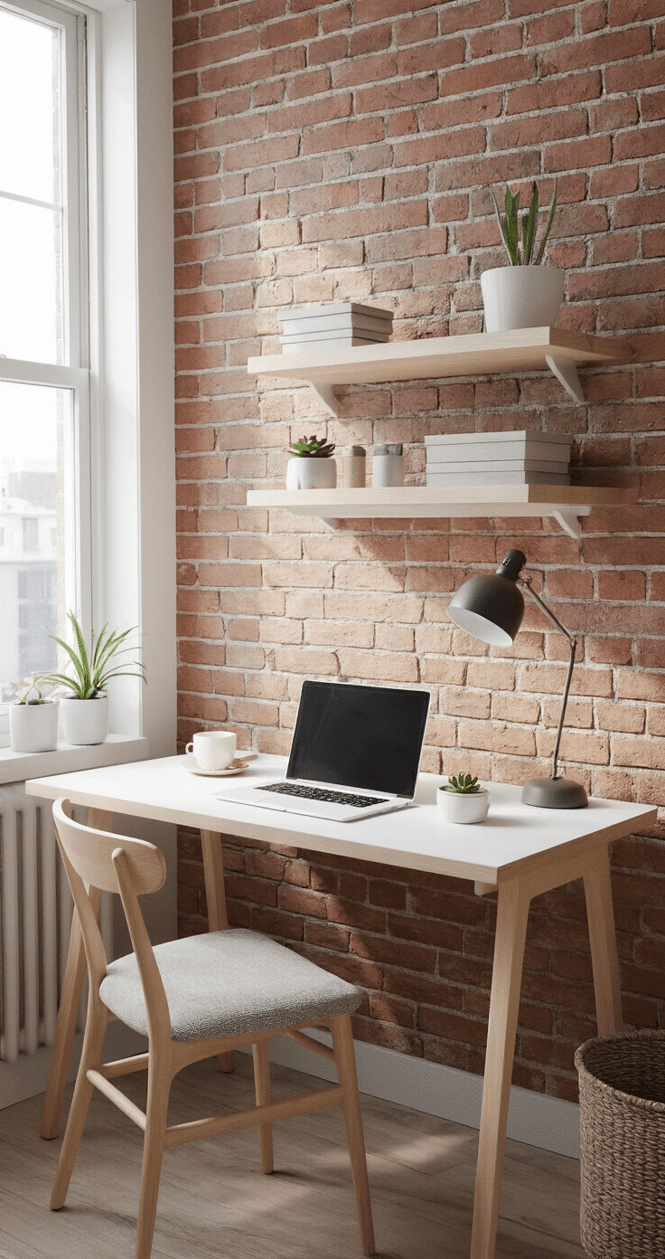 A cozy studio apartment workspace featuring a compact LINNMON desk against an exposed brick wall, bathed in natural afternoon light. The simple white desk holds a laptop, coffee cup, and a small succulent. The minimalist setup includes floating shelves and practical storage solutions, creating a warm and inviting atmosphere.