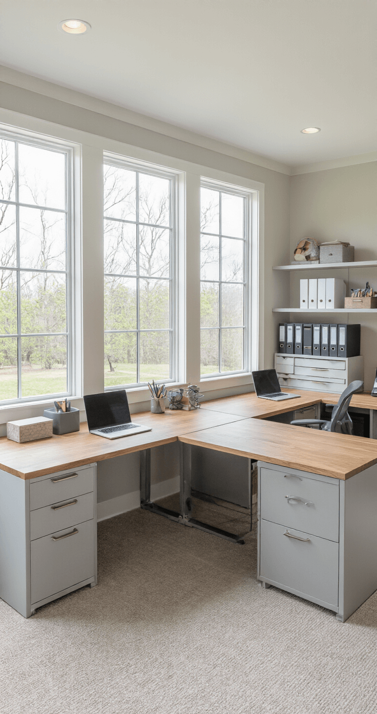 A spacious home office featuring a professional L-shaped desk configuration with connected LAGKAPTEN tabletops, large windows, multiple storage units, and a neutral color palette of white, gray, and natural wood tones, shot from a corner angle.