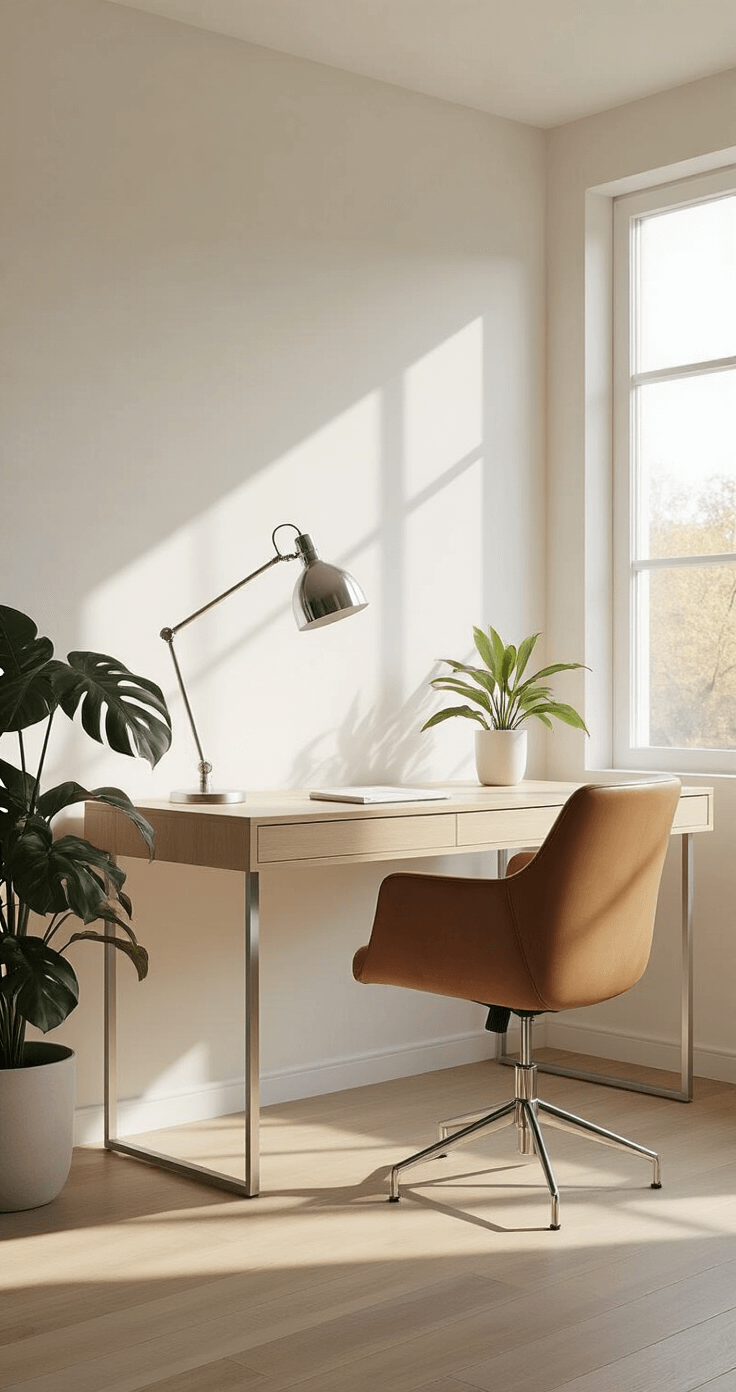 A modern minimalist study desk setup in a spacious room with white walls, featuring a sleek blonde oak floating desk, chrome task lamp, and a leather chair, illuminated by warm afternoon light through a large window, with a single monstera plant and hidden cable management for a clean look.