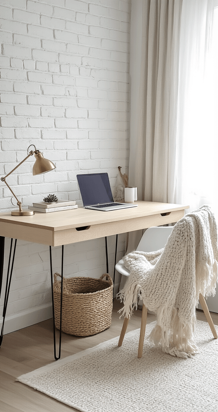 Cozy Scandinavian study nook featuring exposed white brick walls, a light birch wood desk with hairpin legs, and a minimal white chair draped with a wool throw, illuminated by morning light through sheer curtains, with a neutral palette and brass desk accessories.