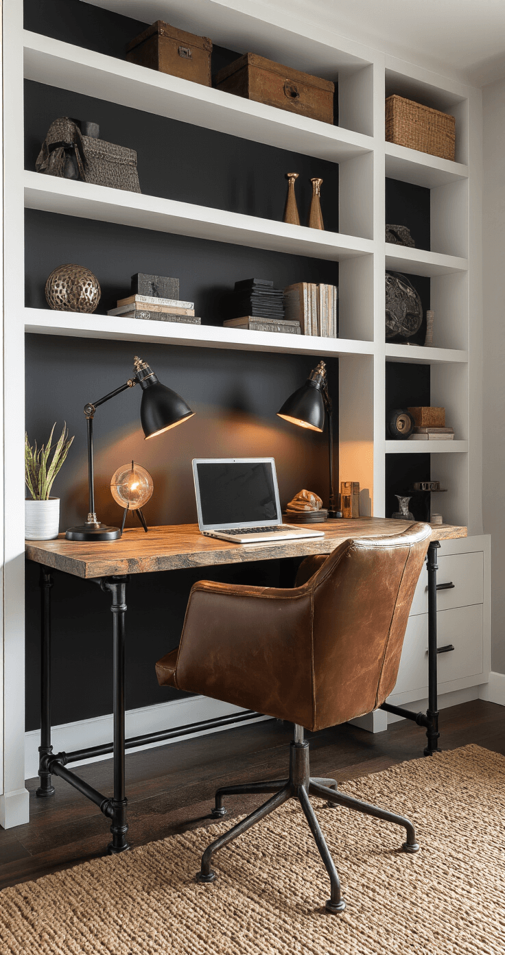 Eclectic modern study corner featuring a reclaimed wood desk on a black pipe frame, a vintage leather chair, and contemporary white shelving, accented by a charcoal wall, layered textures, and moody ambient lighting.