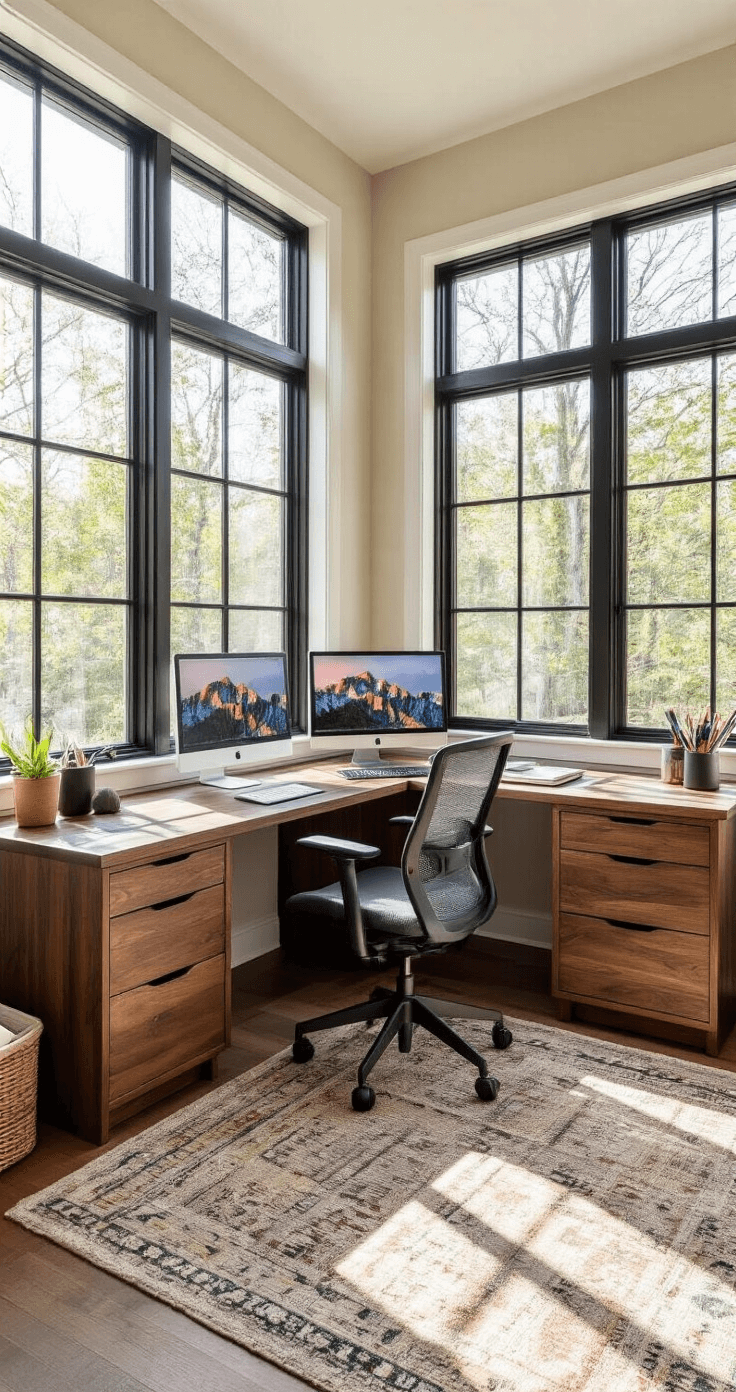 L-shaped study desk in a bright 14x12ft room with floor-to-ceiling windows, featuring a walnut desktop, ergonomic chair, dual monitor setup, and organized art supplies, all showcased in warm browns and black accents under professional lighting.