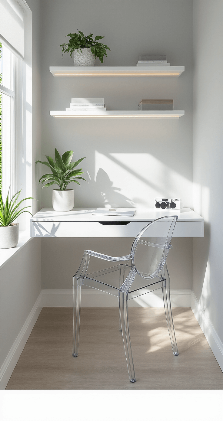 A compact corner bedroom featuring pale gray walls and a minimalist wall-mounted floating desk in white, accompanied by under-mount lighting and a clear acrylic chair. Above the desk, wall-mounted shelves with a built-in charging station and a green plant accent create a monochromatic aesthetic, enhanced by soft morning light.