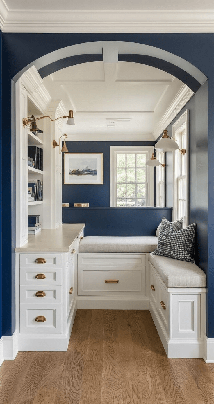 Custom built-in study nook featuring rich navy blue walls and white coffered ceiling, with seamless desk integration, built-in drawers, and shelving. Upholstered bench seating with storage illuminated by warm afternoon light, emphasizing brass hardware and millwork details.