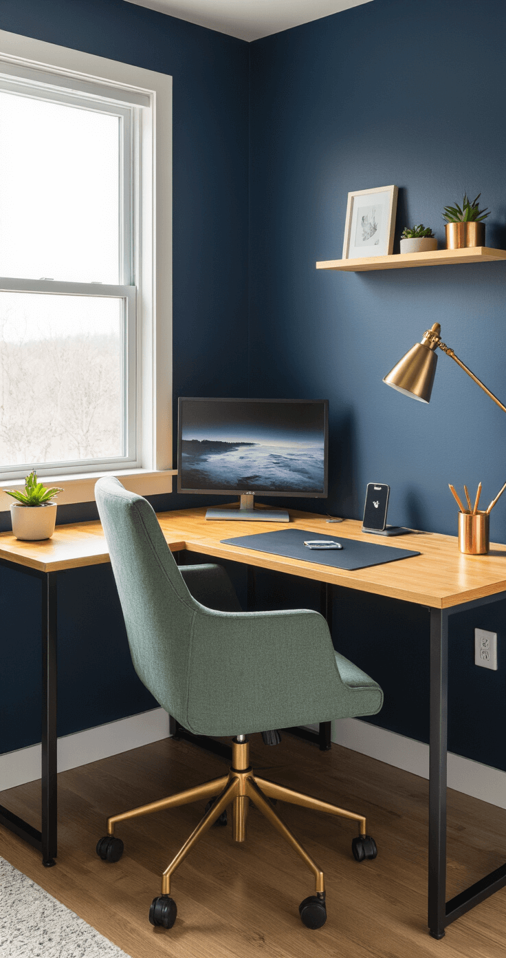 Transform Your Workspace: The Most Popular Desk Ideas Taking 2025 by Storm Cozy modular desk system in a bedroom corner with a midnight blue accent wall, featuring honey-colored pine modules, brass hardware, a monitor arm, succulent, and copper pencil holder. A modern task chair with sage green upholstery completes the setup, illuminated by soft morning light and warm LED strips.
