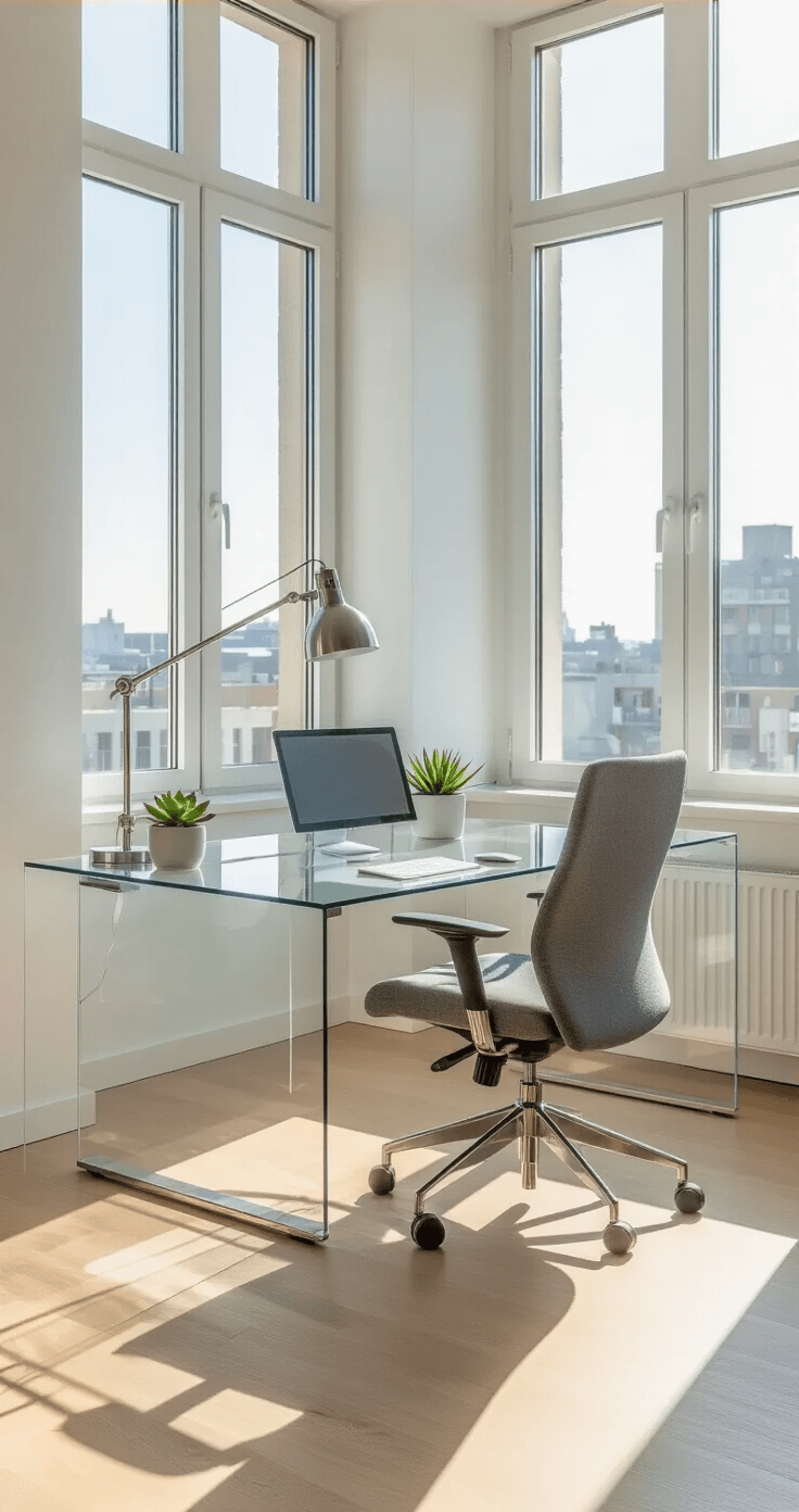 Bright contemporary corner office featuring a sleek glass L-shaped desk and ergonomic chair, illuminated by natural morning light through large windows, with minimalist styling and a small succulent plant.