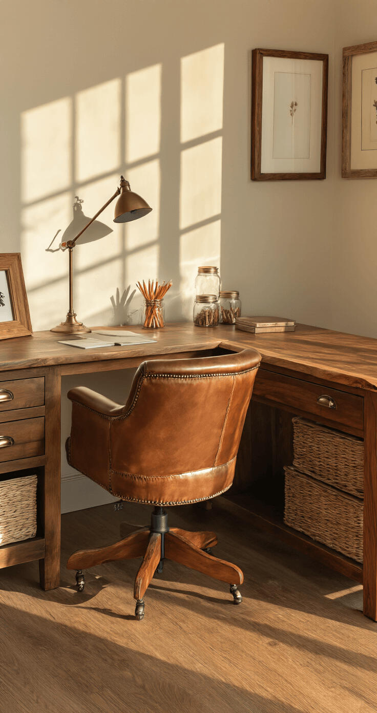 Cinematic view of a cozy farmhouse-style workspace with a rich walnut L-shaped desk, warm golden hour lighting, vintage leather chair, and rustic accents like mason jar pencil holders and woven baskets.