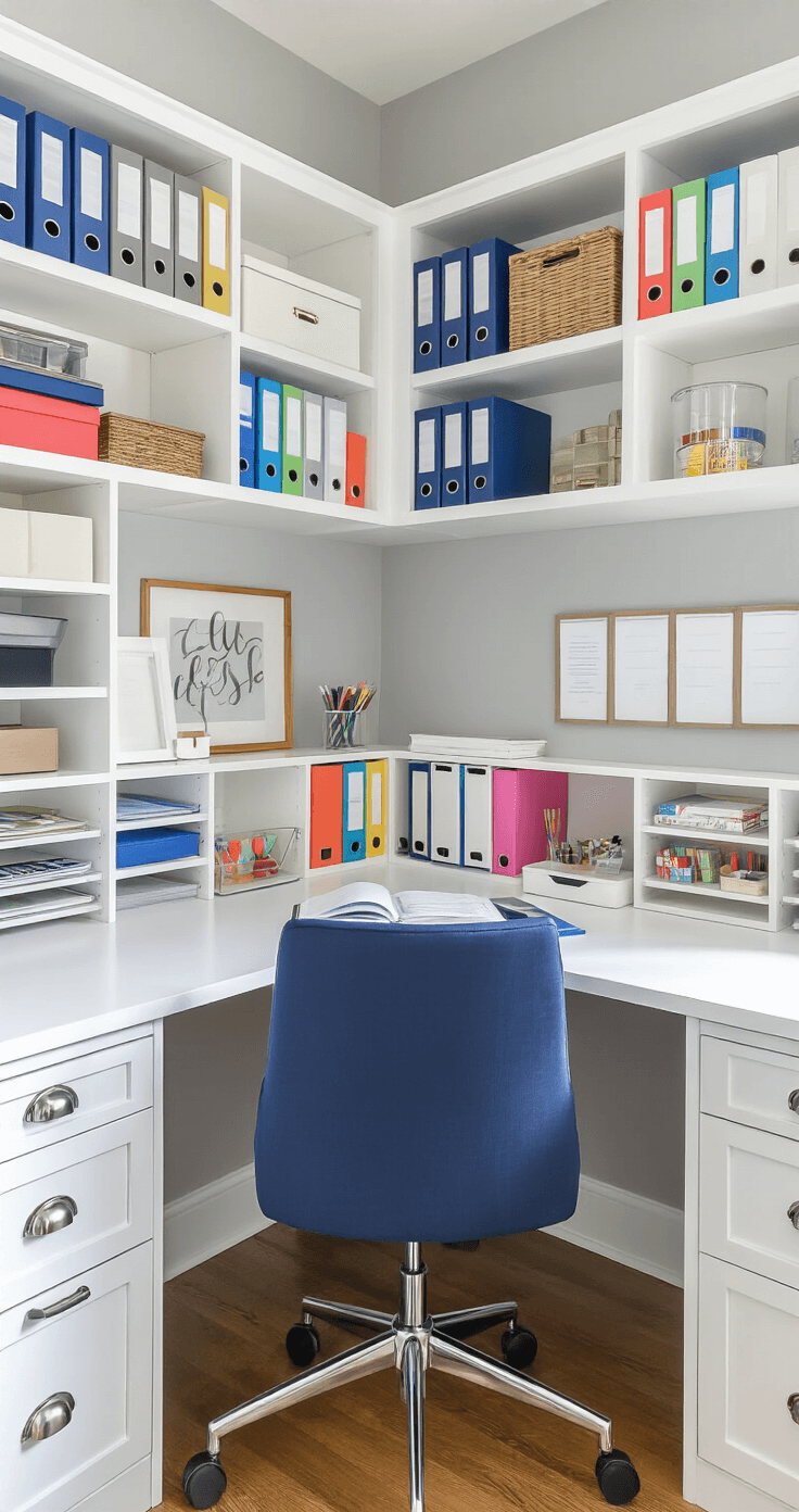 Detailed view of a corner desk with a white hutch, colorful binders, and modern navy blue chair, set against light gray walls, showcasing organized office supplies and inspiration boards in bright lighting.