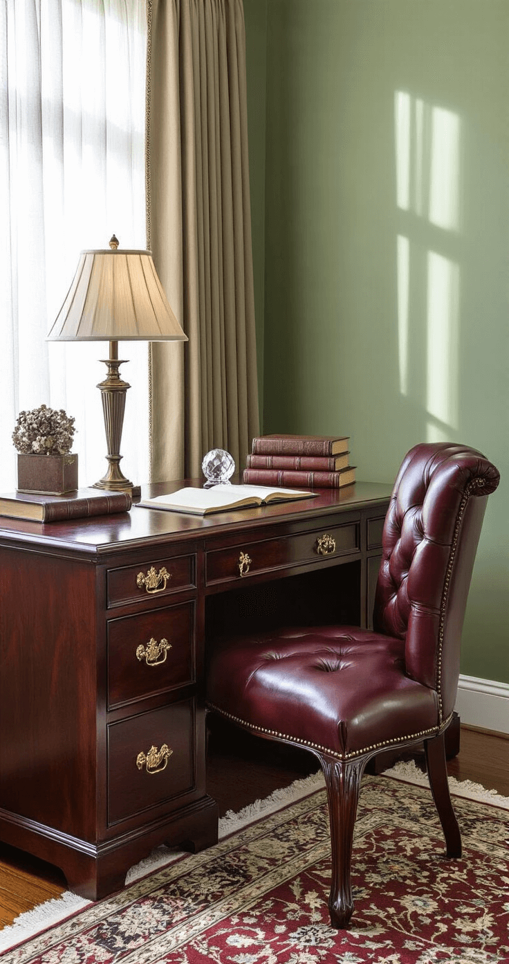Elegant residential scene featuring a traditional dark cherry wood corner desk with intricate grain patterns, paired with a tufted burgundy leather chair. Soft afternoon light creates shadows on sage green walls, illuminating antique brass desk accessories, leather-bound books, and a crystal paperweight, while a warm table lamp adds an ambient glow.