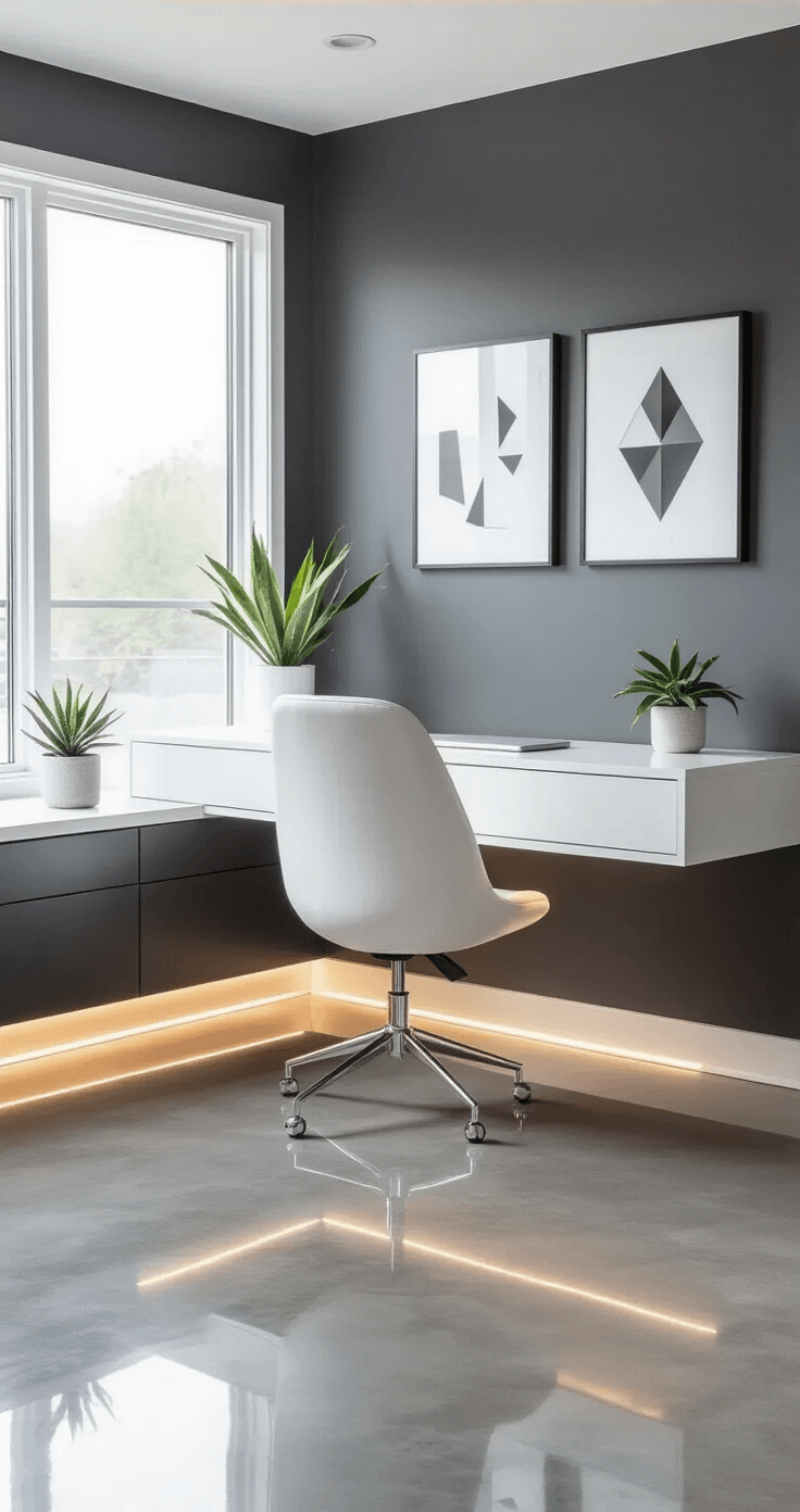 Contemporary home office corner with a floating white desk on charcoal gray walls, featuring a minimalist swivel chair, geometric wall art, a statement plant, and hidden cable management; illuminated by natural daylight and built-in LED strip lighting, showcasing polished concrete floors and architectural lines.