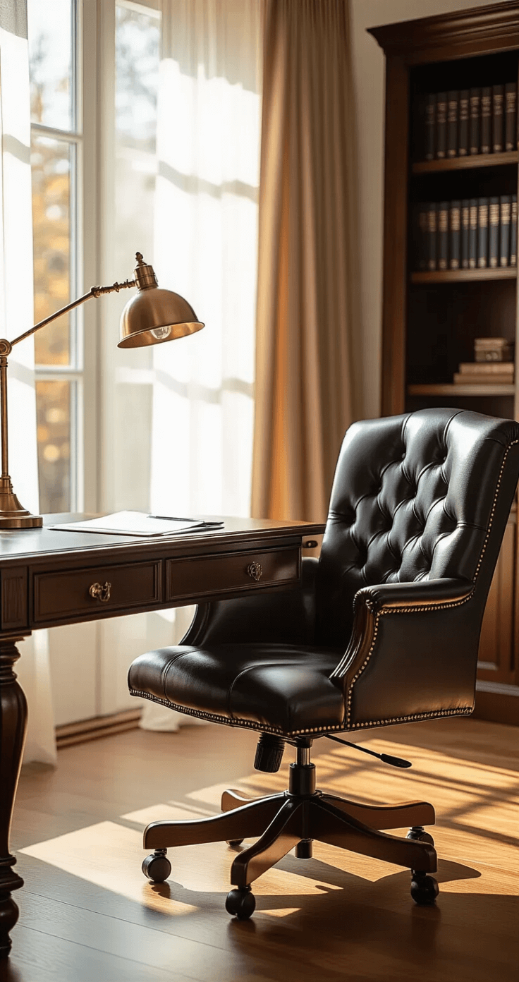 Professional home office with a black leather executive chair at a mahogany desk, large window with afternoon sunlight, vintage brass desk lamp, and bookshelves, creating a warm and sophisticated atmosphere.