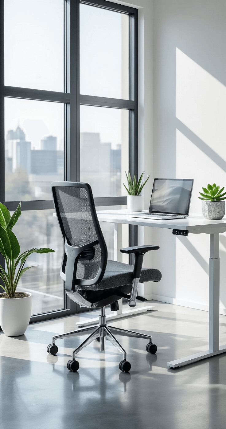 A modern minimalist workspace featuring a charcoal gray ergonomic mesh office chair at a sleek white standing desk, illuminated by morning light from floor-to-ceiling windows, with polished concrete floors, geometric desk accessories, and a solitary succulent plant, all in a cool palette of whites and grays.