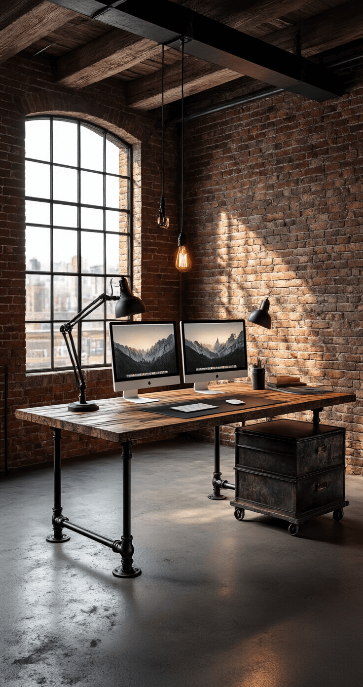 Transform Your Workspace: The Most Popular Desk Ideas Taking 2025 by Storm Industrial loft workspace featuring exposed brick walls and concrete floors, with dramatic afternoon light filtering through steel-framed windows. A reclaimed wood desk on black iron pipe legs showcases visible imperfections, accompanied by a vintage Edison bulb desk lamp and leather desk pad. Multiple monitors are mounted on articulating arms, while a rolling storage cart with a weathered finish is situated nearby. The low angle shot highlights the raw materials, with high contrast lighting creating deep shadows in warm amber tones.