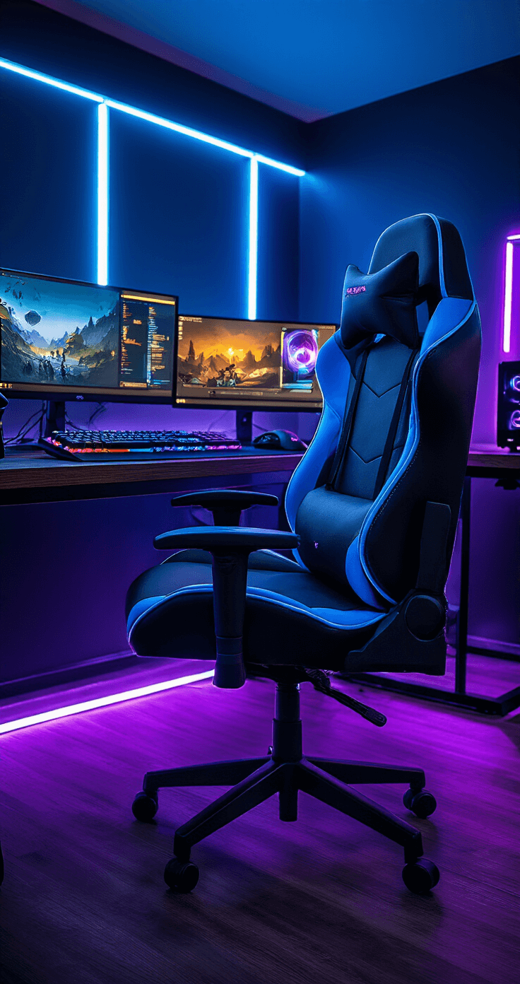 A dynamic gaming setup showcasing an RGB-lit electric blue and black gaming chair at an L-shaped dark wood desk, surrounded by multiple colorful monitor displays. LED strip lighting casts a purple and cyan glow, enhancing the evening scene's dramatic contrast. A mechanical keyboard and gaming mouse are neatly arranged, with a low-angle view highlighting the chair's impressive design in a high-tech, futuristic atmosphere.