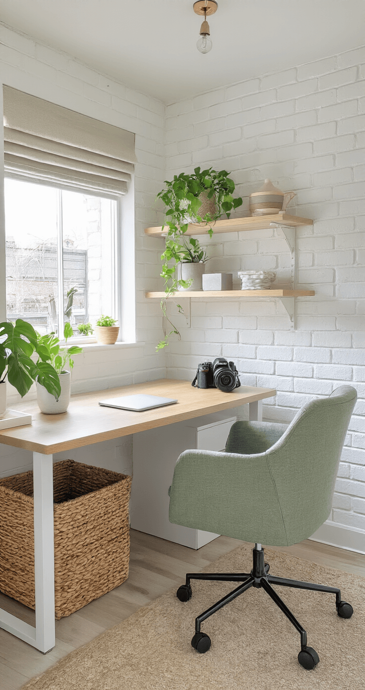 Compact studio apartment workspace featuring a sage green armless task chair at a narrow floating desk, illuminated by natural morning light from a small window. White brick walls and vertical storage solutions enhance the efficient use of space, complemented by a woven basket and small plants on floating shelves. The design reflects a Scandinavian-inspired palette of whites, greens, and natural wood tones.