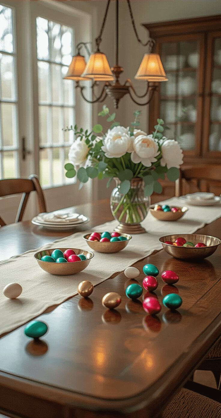 Intimate macro shot of an elegant Easter egg matching game arrangement on a rich mahogany dining table, featuring jewel-toned plastic eggs scattered on a cream linen runner, alongside antique brass bowls filled with felt-lined sorting areas. Fresh white peonies and eucalyptus sprigs add natural elements, with warm pendant lighting and afternoon light enhancing the textures.