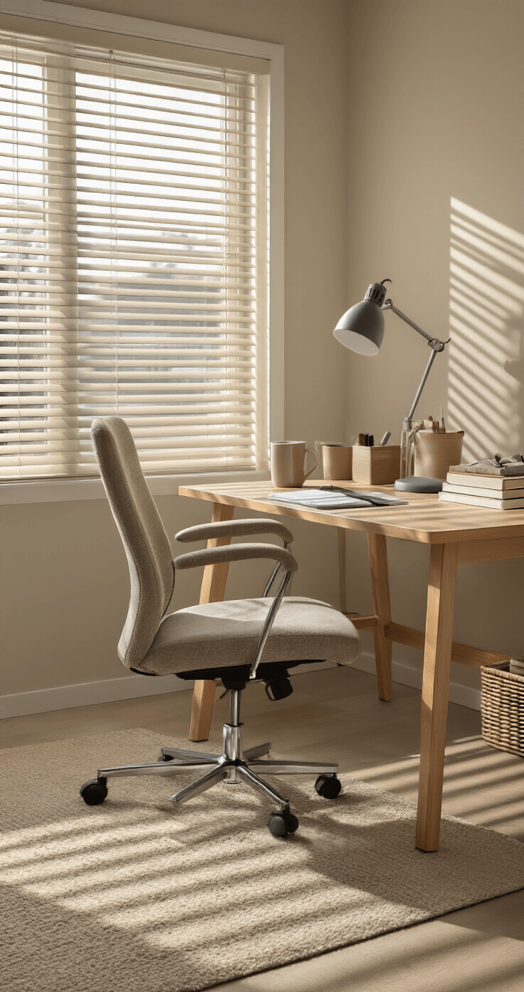 A budget-friendly home office with a basic task chair and IKEA-style desk, featuring afternoon light casting striped shadows through venetian blinds. The practical setup includes desk organizers, a coffee mug, and a stack of notebooks, all in a neutral palette of beiges, browns, and muted blues, creating an honest, relatable atmosphere.