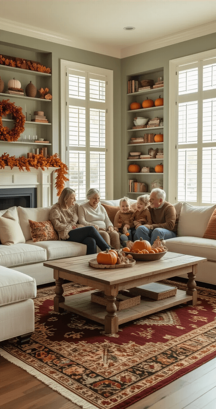 Thanksgiving Games That Actually Get Your Family Laughing (Not Fighting!) A warm and cozy living room during golden hour, featuring a cream linen sectional sofa around a rustic oak coffee table, with multiple generations gathered, laughing. A deep burgundy and gold Turkish kilim rug covers hardwood floors, and sage green walls lined with built-in bookshelves. Natural light streams through tall windows with white plantation shutters, while Thanksgiving decorations, including mini pumpkins, autumn leaf garland, amber glass candles, plastic turkeys, and serving trays, adorn the space, conveying joy and family connection.