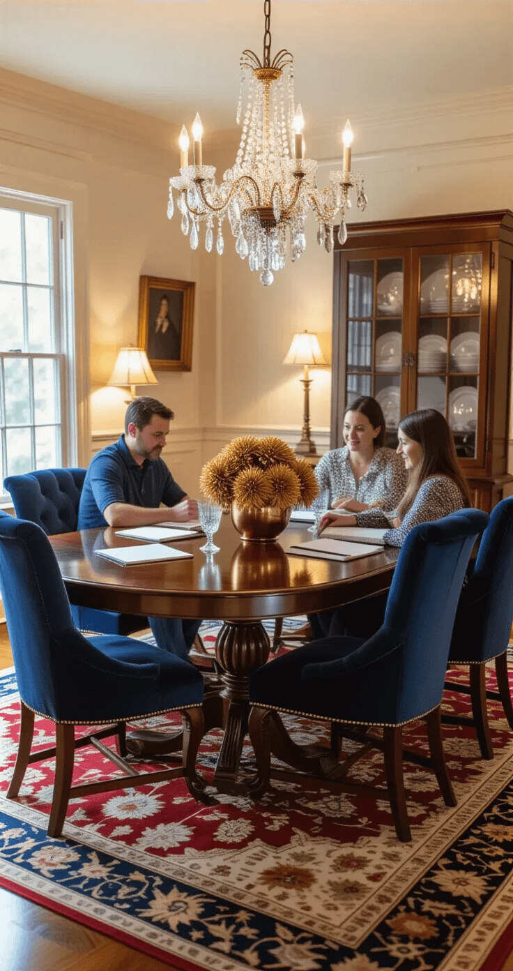 Thanksgiving Games That Actually Get Your Family Laughing (Not Fighting!) Elegant dining room with a mahogany table and navy velvet chairs, featuring family members engaged in a trivia game. A crystal chandelier and table lamps create a warm, inviting atmosphere, complemented by rich cream walls and classic white wainscoting. The Persian area rug adds depth, while a Thanksgiving centerpiece of bronze chrysanthemums graces the table. A built-in china cabinet showcases fine porcelain, captured from a corner angle.