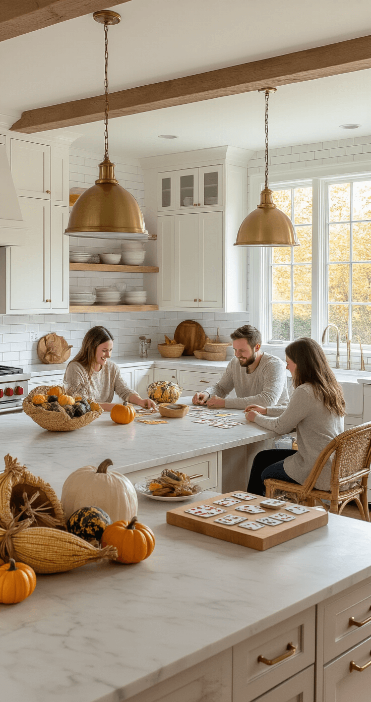 Thanksgiving Games That Actually Get Your Family Laughing (Not Fighting!) A spacious kitchen with white shaker cabinets and marble countertops features a large island where family members play bingo, surrounded by soft pendant lighting. Seasonal decorations adorn the space, including cornucopias and pumpkins, while a large window showcases autumn trees outside. The warm atmosphere invites casual gathering and connection.