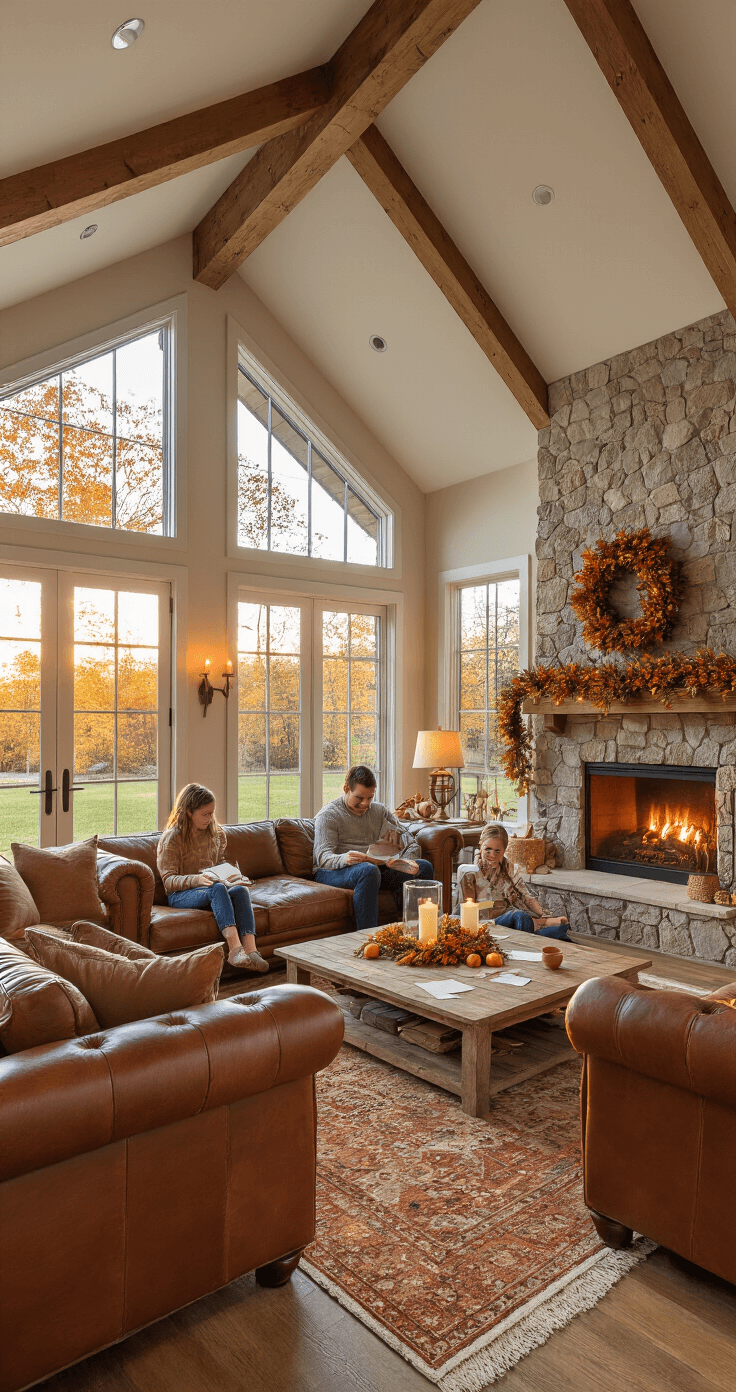 Thanksgiving Games That Actually Get Your Family Laughing (Not Fighting!) Open concept great room at sunset with vaulted ceilings and wooden beams, featuring a stone fireplace adorned with autumn garland and candles. Family members play a gratitude jar game on the floor, with papers on a reclaimed wood coffee table. Warm terracotta and cream area rugs define the space, while floor-to-ceiling windows showcase a fall landscape. Thanksgiving wreaths decorate interior doors, and layered lighting enhances the cozy, intimate atmosphere.