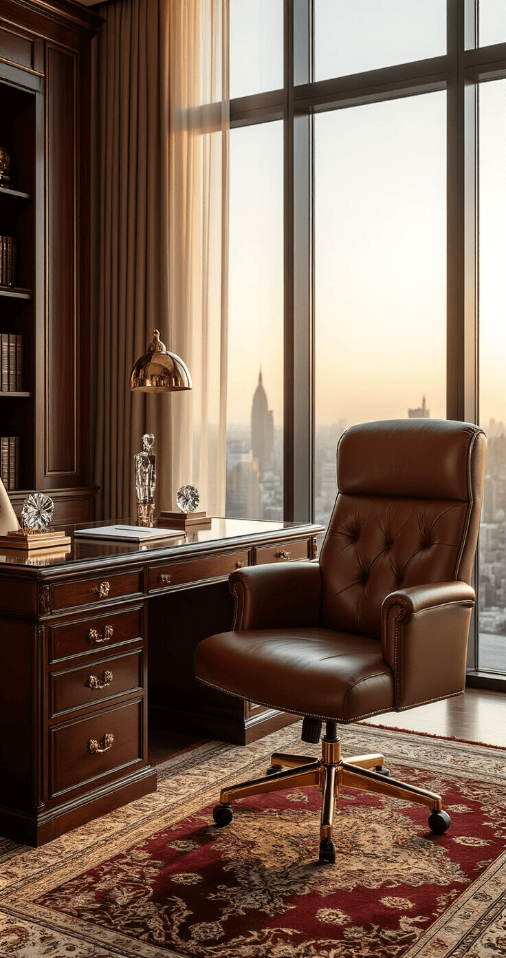 Luxury executive office featuring a cognac leather ergonomic chair at a glass-top desk, illuminated by golden hour light. A Persian rug defines the seating area, with crystal desk accessories reflecting light, while a mahogany credenza showcases awards and books, all in a palette of deep browns, golds, and burgundy, creating a sophisticated corporate atmosphere.