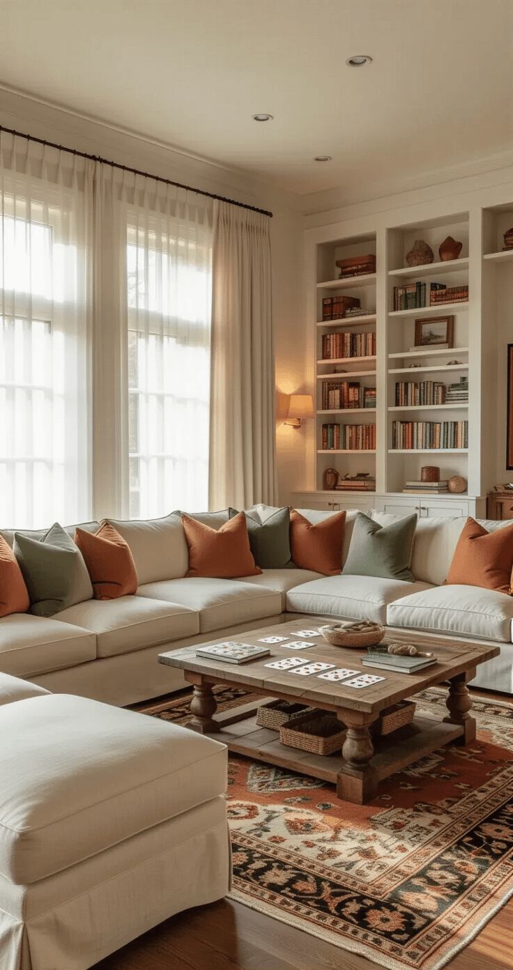 A warm living room during golden hour with soft light through sheer curtains, featuring a cozy sectional sofa, rustic coffee table, plush throw pillows, a Persian rug, and built-in bookshelves filled with books and decor, creating an inviting ambiance for game night.