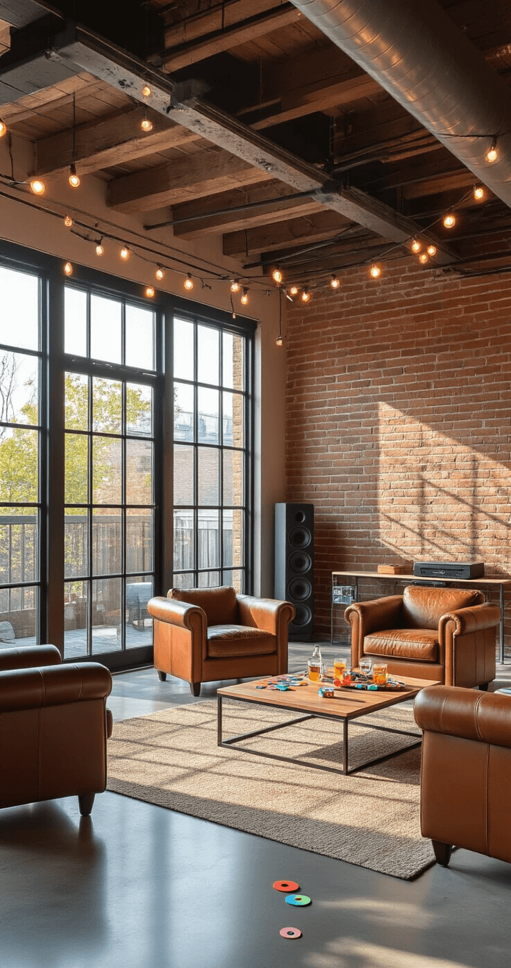 A bright and airy game room with polished concrete floors and an exposed brick accent wall, featuring modern furniture, vintage leather armchairs, and a steel-frame coffee table. Large windows allow natural light to flood the space, while string lights create playful shadows, perfect for active games like freeze dance and sticker stalker.