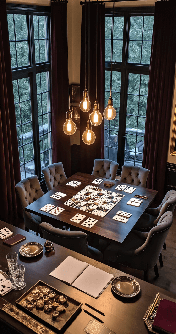 An elegant dining room transformed into a gaming headquarters, featuring a dark walnut table set for Codenames, surrounded by charcoal velvet chairs, illuminated by Edison bulb pendant lights, with mood lighting from floor-to-ceiling windows and rich burgundy and gold accents.