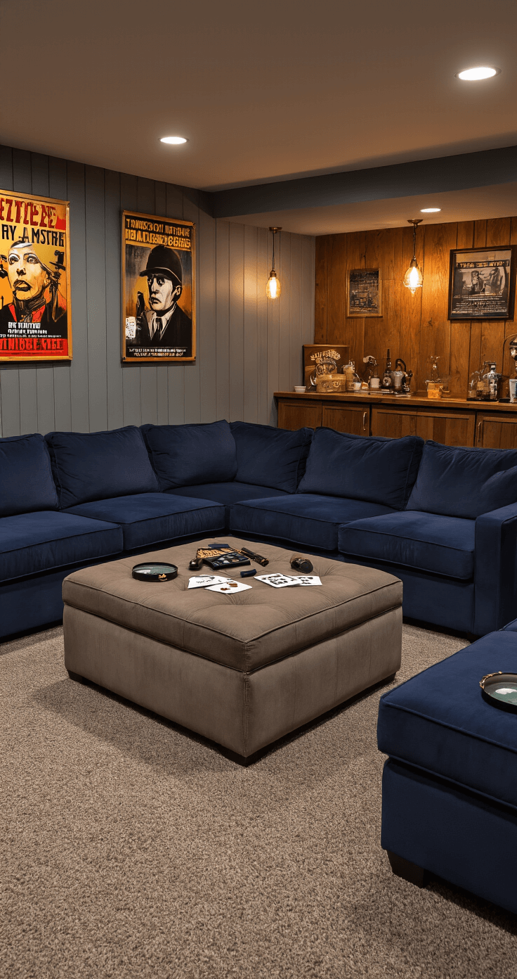 Cozy basement recreation room with navy sectional seating, large ottoman coffee table, and warm lighting; decorated with mystery game props, vintage movie posters, and a wet bar, creating an intimate atmosphere ideal for murder mystery games.