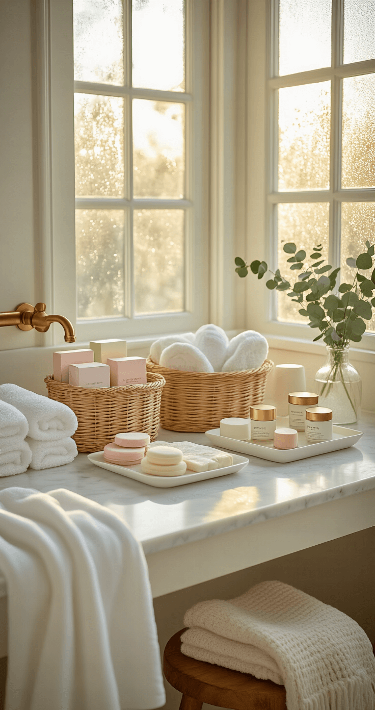 A serene bathroom interior with a white marble vanity featuring neatly arranged pastel sheet face masks, artisanal bath bombs in wicker baskets, and luxury hand cream sets on a ceramic tray. Warm golden hour light filters through frosted glass windows, highlighting fluffy white towels, eucalyptus sprigs in a vase, and cozy knitted socks draped over a vintage stool, creating a luxurious yet accessible self-care atmosphere.
