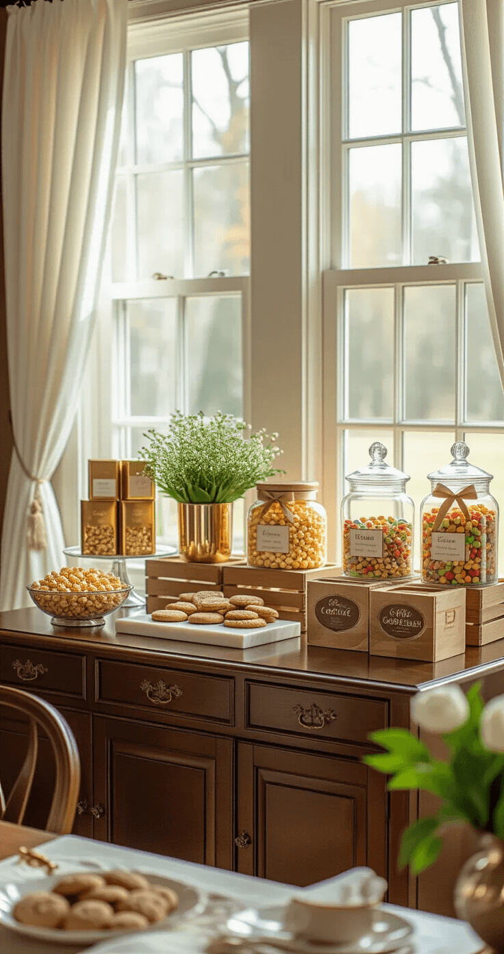 An elegant dining room sideboard with gourmet food gifts, including artisan chocolates, colorful popcorn jars, coffee and tea packages, and homemade cookie mix jars, all bathed in soft afternoon light with flowing white curtains. Rich mahogany furniture contrasts with white linens and greenery in mercury glass vessels, creating an inviting, curated atmosphere.