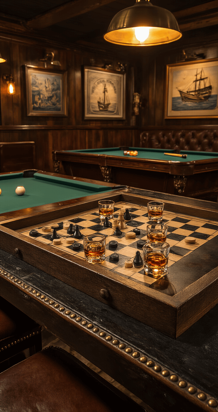 Transform Your Game Night: The Ultimate Guide to Drinking Board Games That'll Make You the Party Hero Close-up of a game room table at midnight, featuring shot glasses as ships on Battleship grids, with amber and clear liquids sparkling under task lighting. The dark espresso table shows water rings and condensation, surrounded by leather bar stools. A pool table with green felt and vintage nautical artwork are in the background, creating an intimate speakeasy atmosphere.