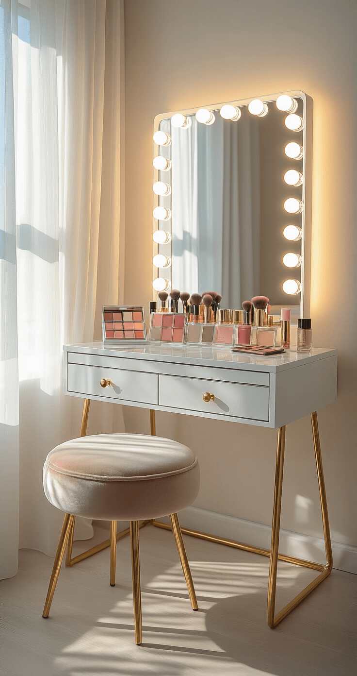 Modern white makeup vanity with LED Hollywood mirror lights in a sunlit bedroom corner, featuring organized acrylic drawers with colorful cosmetics, a plush velvet stool, and a marble desktop with gold accents, all bathed in warm morning light streaming through sheer curtains.