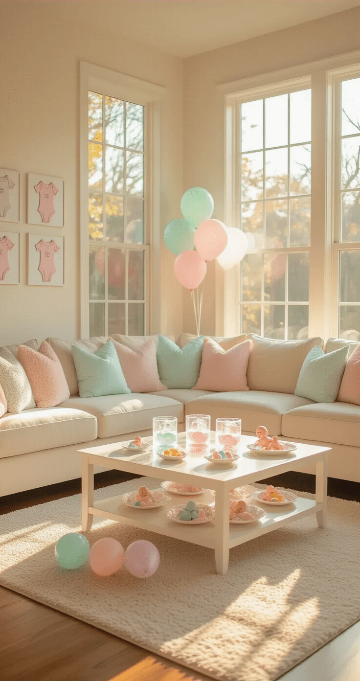 25 Baby Shower Games That Will Have Your Guests Laughing Until Their Water Breaks Spacious pastel-themed living room at golden hour with natural light, featuring a cream sectional sofa with soft pink and mint pillows, a coffee table adorned with delicate baby-themed decorations, warm hardwood floors, and walls decorated with baby photos and onesie art.