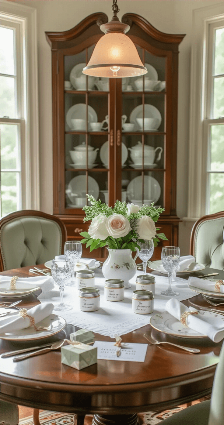 25 Baby Shower Games That Will Have Your Guests Laughing Until Their Water Breaks Elegant dining room set for afternoon tea with a large mahogany table draped in white linen, featuring baby food jars, silver spoons on doilies, and crystal glasses. Sage green upholstered chairs surround the table, which has baby bingo cards and gift boxes at each setting, with a built-in china cabinet in the background. Soft pendant lighting complements abundant natural light, creating a luxurious atmosphere.