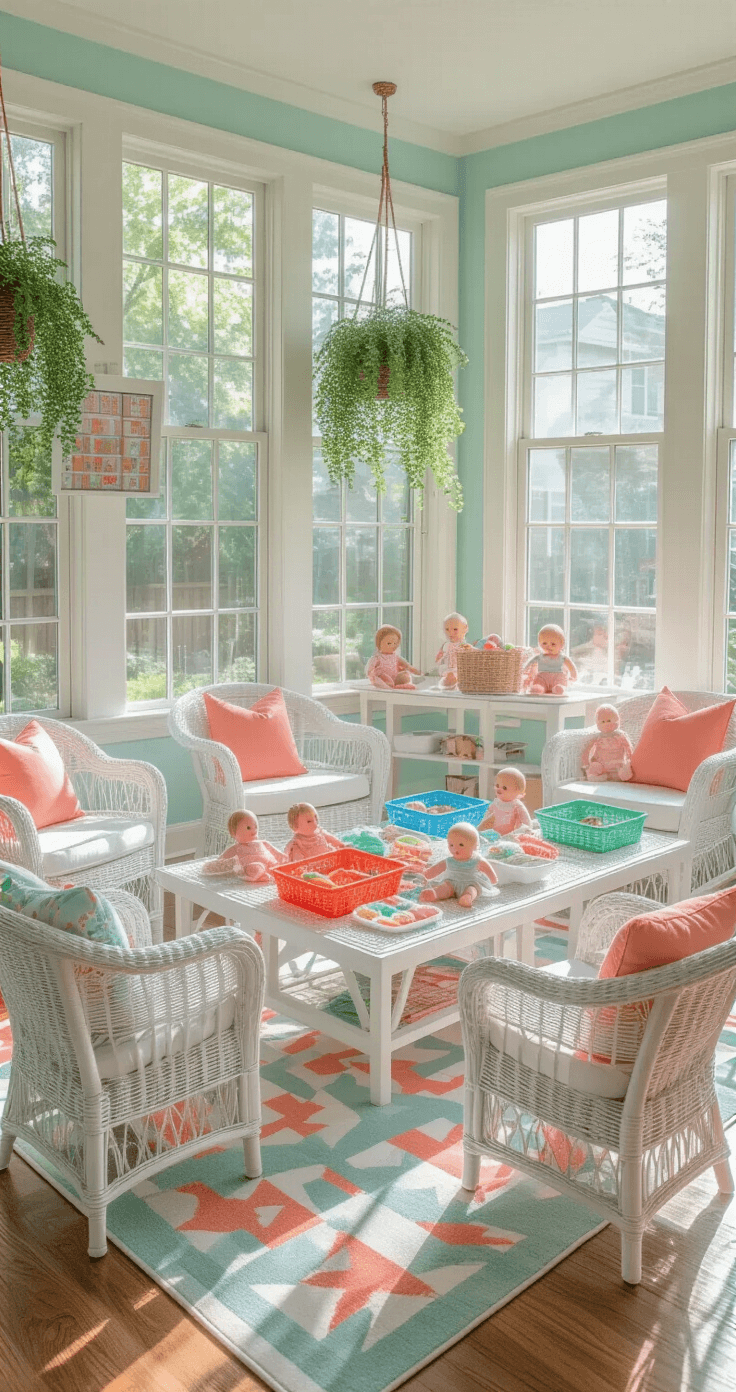 25 Baby Shower Games That Will Have Your Guests Laughing Until Their Water Breaks A bright sunroom transformed into a game competition arena with white wicker furniture arranged for tournament-style seating, featuring a central activity station filled with baby dolls, clean diapers, colorful yarn ribbons, and sorting baskets, all under large windows that illuminate a mint and coral color scheme, while hanging plants and a scoreboard enhance the energetic atmosphere of a friendly baby shower competition.