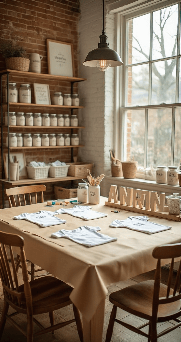 25 Baby Shower Games That Will Have Your Guests Laughing Until Their Water Breaks Artistic craft room filled with natural light, showcasing a farmhouse table covered in kraft paper, surrounded by vintage wooden chairs. The table features plain white onesies, fabric markers, stencils, and iron-on letters, with organized craft supplies in mason jars on shelves. An exposed brick wall displays finished artwork, while pendant lighting illuminates the creative space. The image captures the hands-on process of making personalized keepsakes for a baby shower.