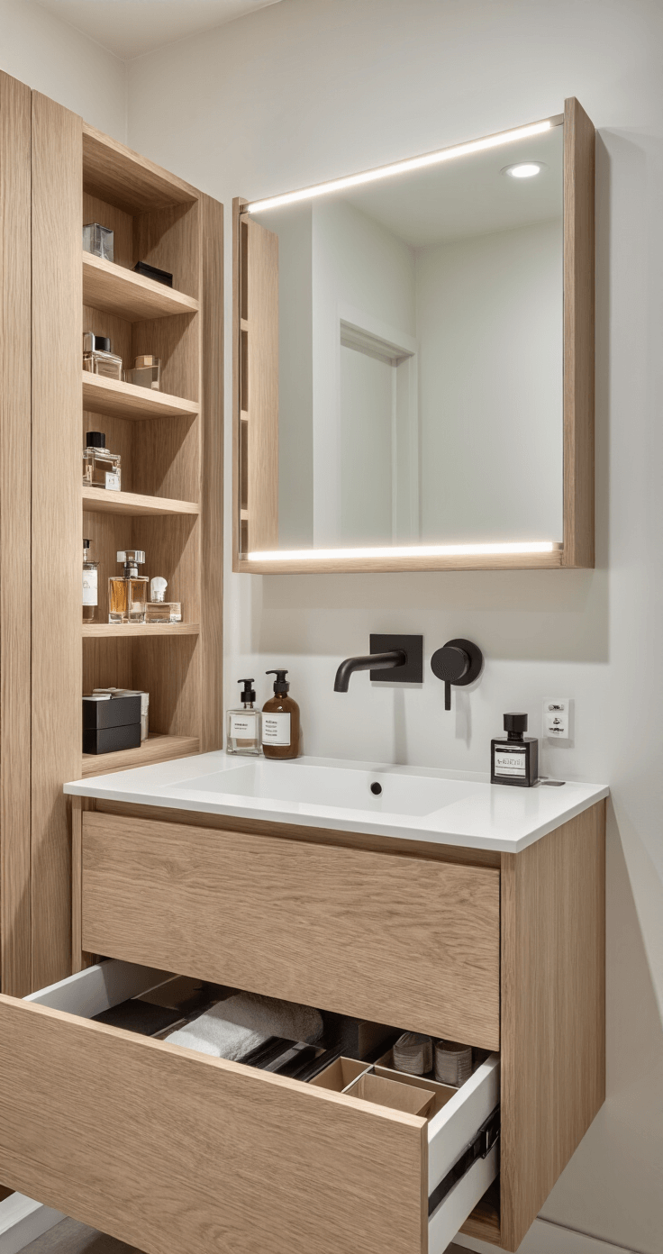 Compact wall-mounted vanity in a studio apartment featuring deep pull-out drawers with organizer inserts, floating shelves for perfume bottles, cool LED strip lighting around a rectangular mirror, and a minimalist aesthetic with a natural wood finish, highlighting efficient space utilization and clean organization.