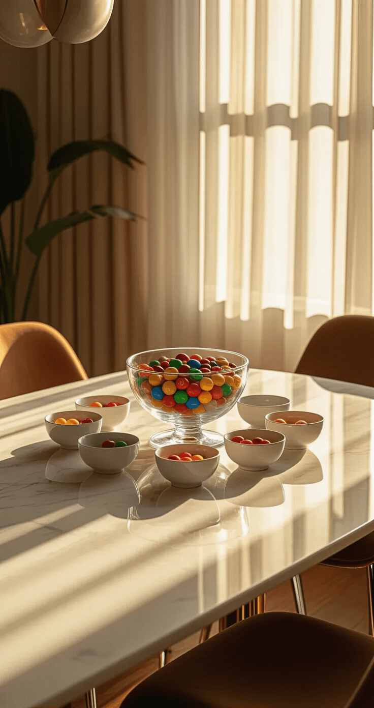 The Ultimate Guide to Minute to Win It Games for Kids: 60 Seconds of Pure Fun A medium shot of a well-lit dining room table at golden hour, featuring a white marble surface with a large glass bowl of mixed M&Ms in the center and six smaller ceramic bowls arranged in a circle around it. The warm honey-colored light enhances the jewel tones of the candies, while chrome dining chairs are pushed back to accommodate standing players. The shot is taken from a slightly elevated 45-degree angle, showcasing professional food photography style lighting.