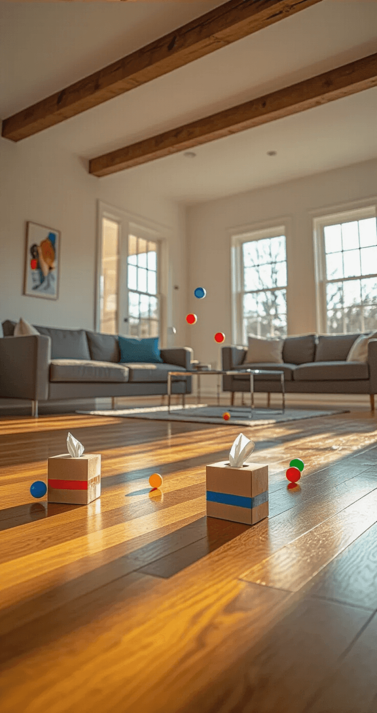 The Ultimate Guide to Minute to Win It Games for Kids: 60 Seconds of Pure Fun Dynamic low-angle shot of a cleared living room with polished oak floors and high ceilings, featuring exposed wooden beams, minimalist gray fabric furniture, and colorful duct tape-secured ping pong balls mid-air, illuminated by warm tungsten and natural light, capturing an energetic moment in a sports photography style.