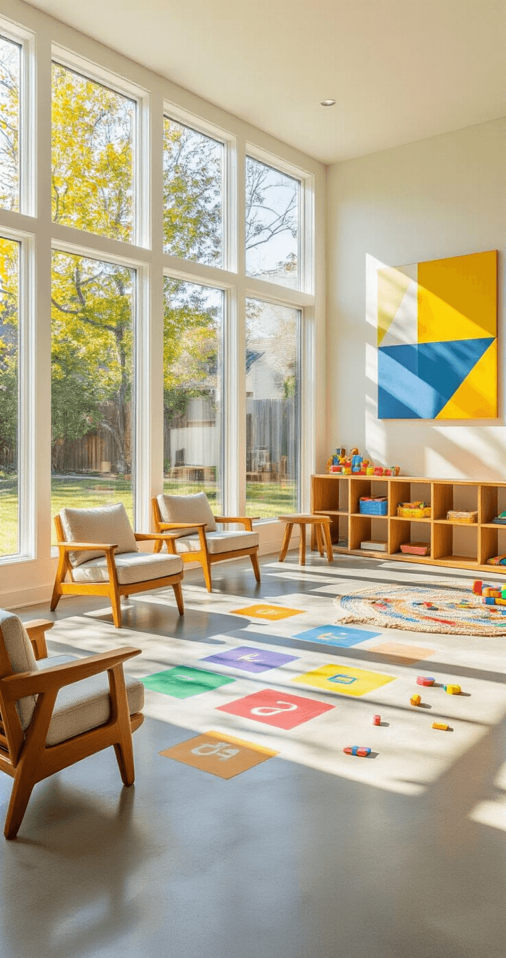 15 Fantastic Outdoor Games for Kids That'll Get Them Off Their Screens and Into the Sunshine Professional interior photograph of a modern children's playroom featuring colorful chalk hopscotch squares on polished concrete floors, mid-century oak furniture, large windows bathing the space in sunlight, and geometric wall art in primary colors.