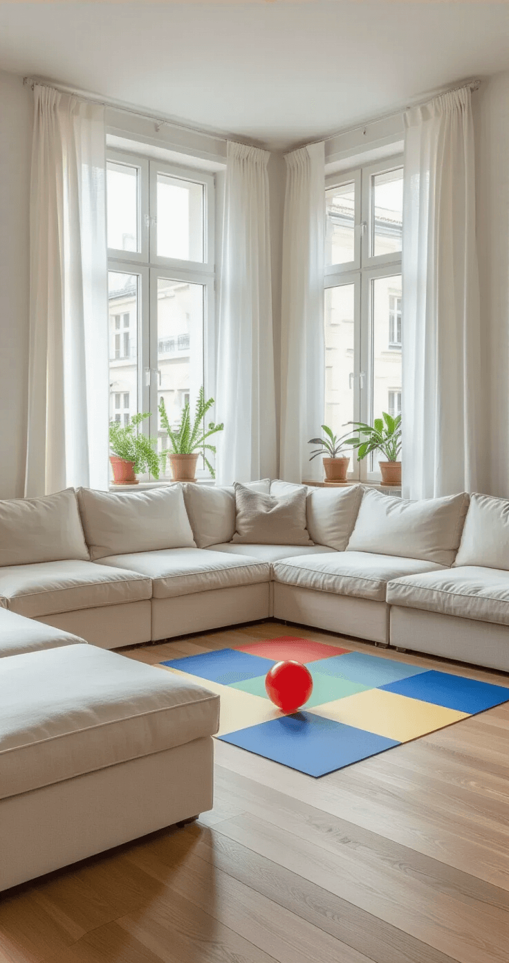 15 Fantastic Outdoor Games for Kids That'll Get Them Off Their Screens and Into the Sunshine Bright contemporary family room featuring Scandinavian-style furniture, a cream linen sectional, and hardwood floors marked with colored squares for four square. Large windows with sheer curtains let in soft light, while a red playground ball sits in the center. The decor is minimalist with plants in ceramic pots, showcasing a neutral palette of whites, grays, and natural wood tones, creating an energetic yet organized atmosphere for play.